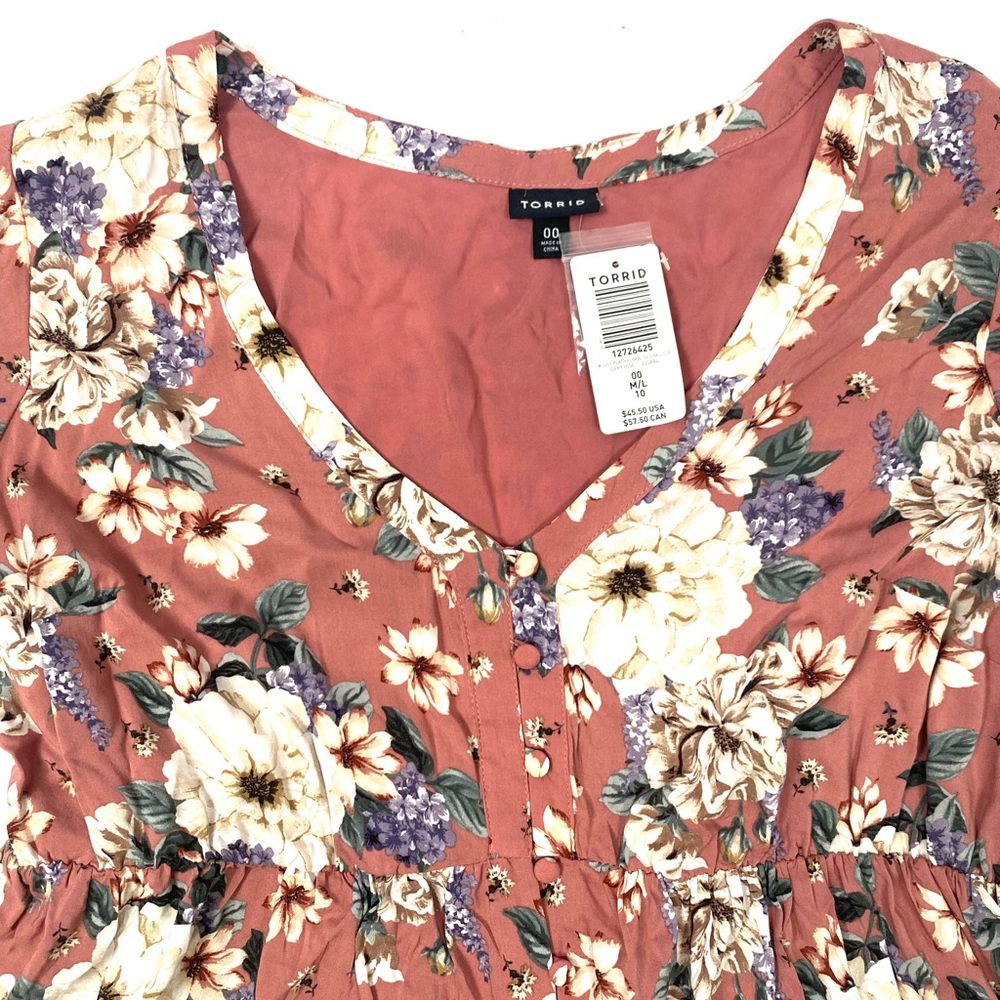 TORRID (00x) M/10 DUSTY ROSE FLORAL CHALLIS BUTTON BABYDOLL FLUTTER TOP - Picture 3 of 5